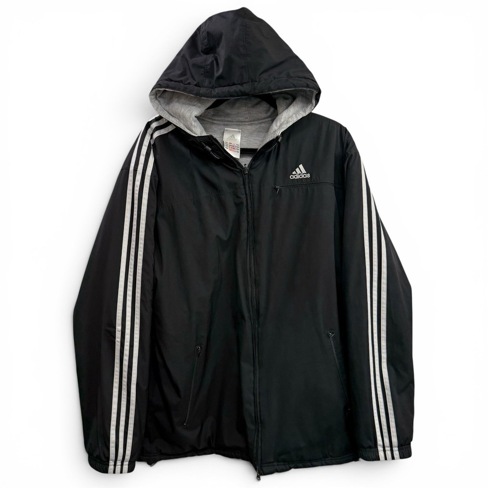 Vtg Adidas Men's M/L Black Gray Reversible Jacket 3 Stripe Logo Hooded Coat 90's